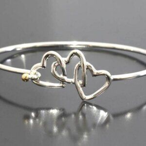 Tiffany & Co Triple Heart Cuff Bangle Bracelet, Opens Sterling Silver & 18k Gold